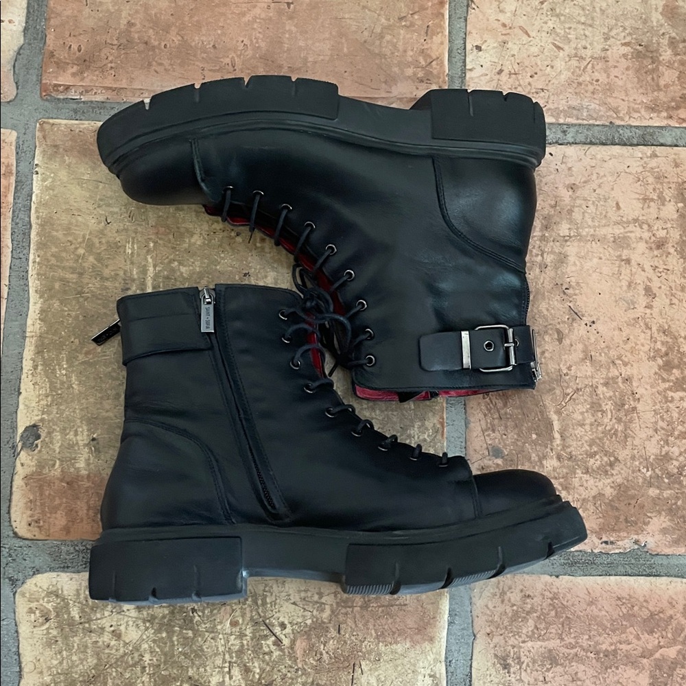 Saint + Sofia Size 42 Black Leather Lace-Up Combat Moto Boots with Red Interior - Picture 10 of 15